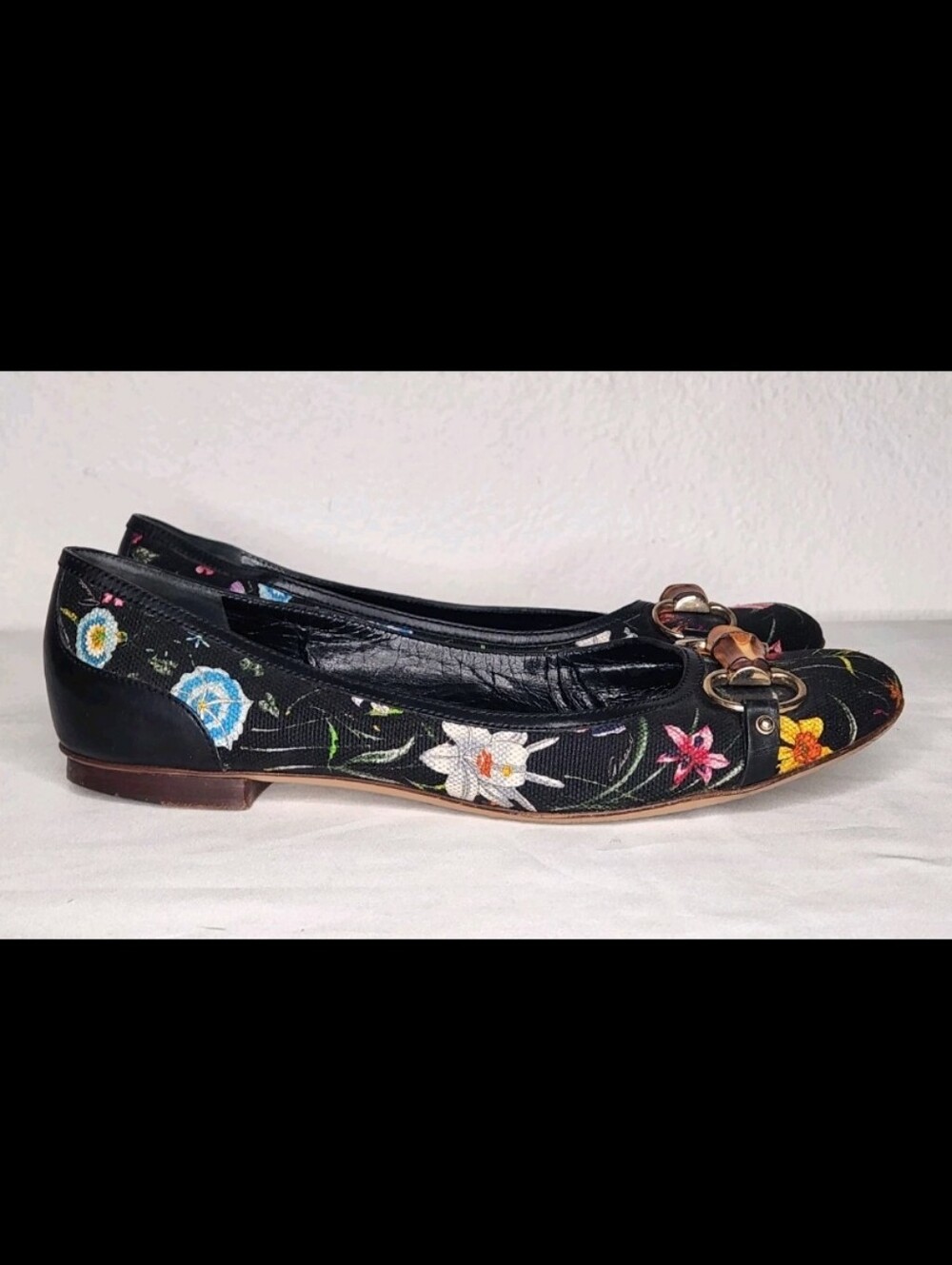 Gucci Floral Flats Horse-bit Leather Fabric Black Shoes Bamboo Detail Italy9.5 B - Picture 6 of 15